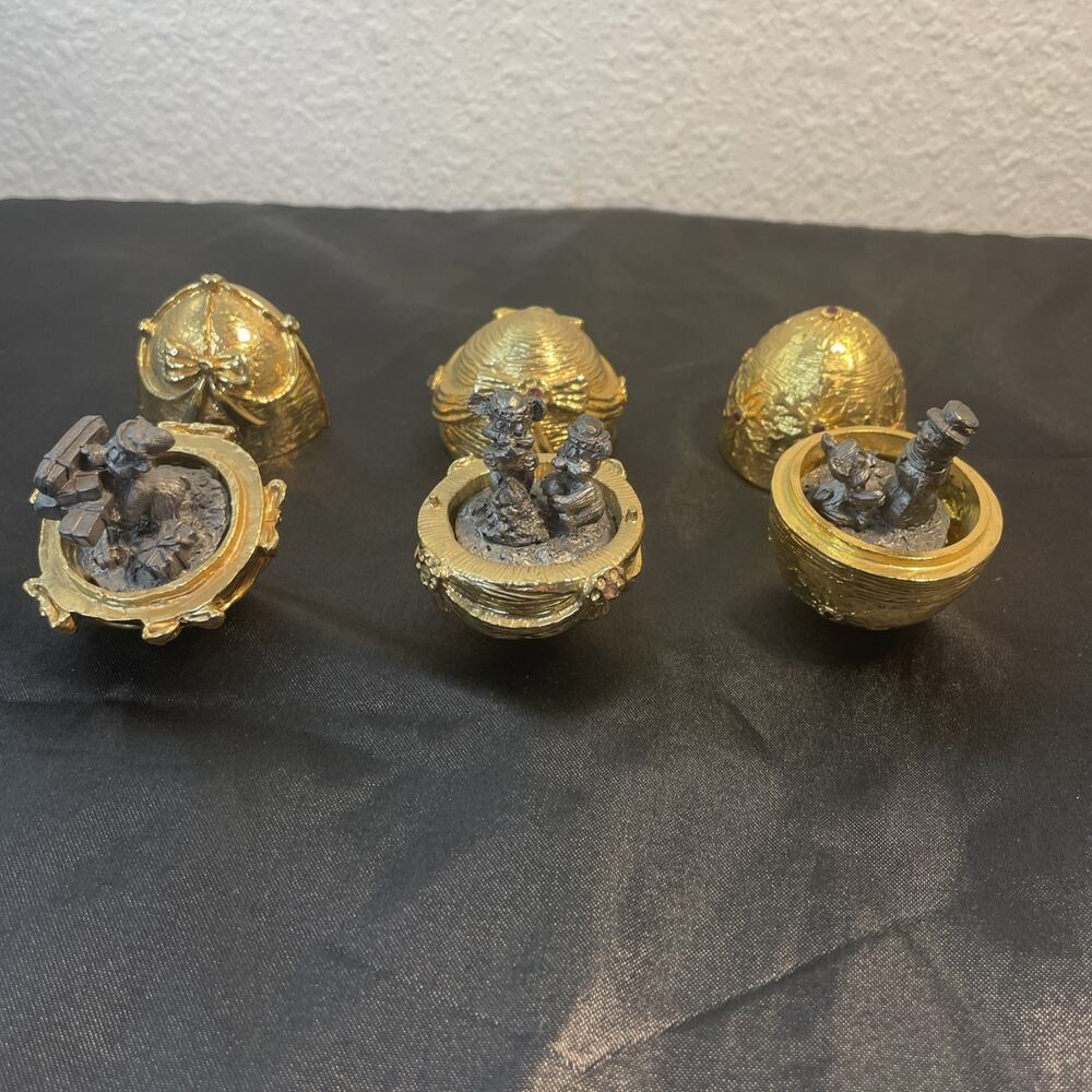 Michael Ricker Pewter Figures Signed Set of 3 Gold Eggs Christmas Presents